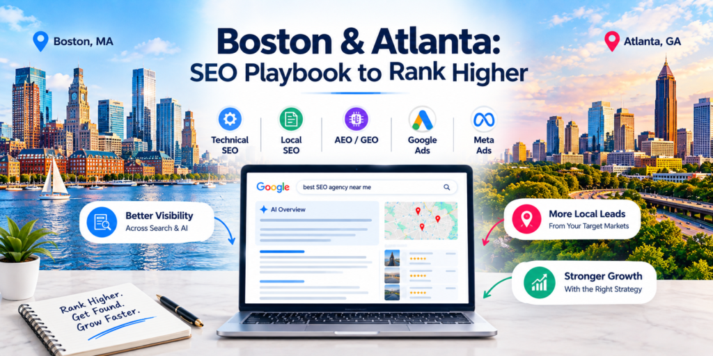 Boston & Atlanta skylines with an SEO performance and traffic growth